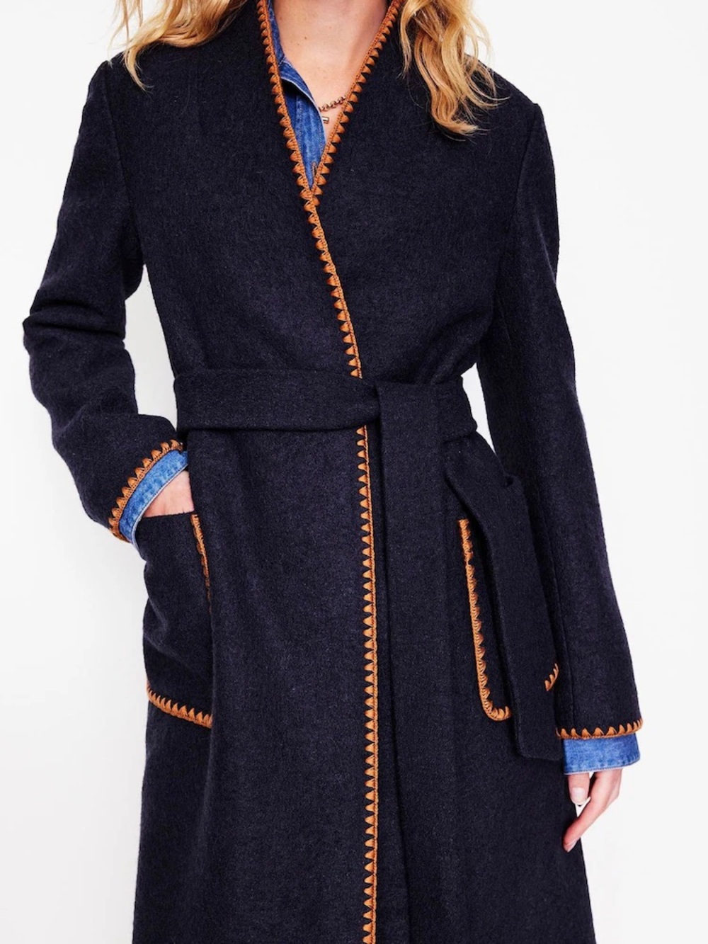 Boden Blanket Stitch Wrap Coat Navy XL